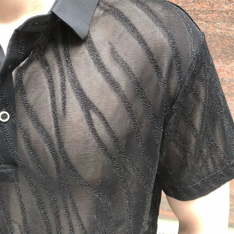 Striped Jacquard Men Transparent Polo Shirt See Through Mesh Boss Polo Club Party Prom Chemise New Sexy Lace Polo Homme For Male