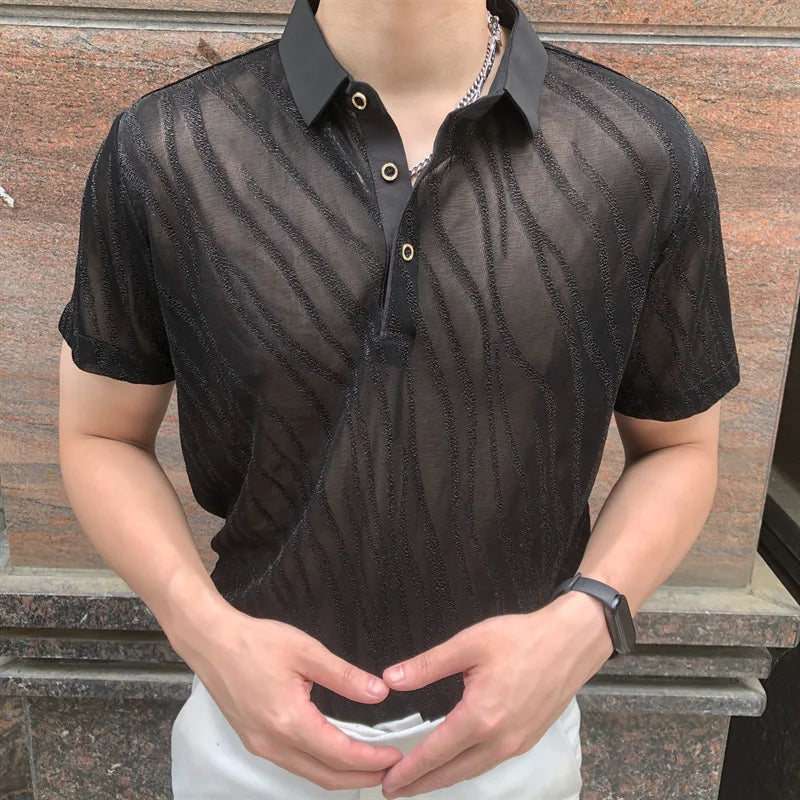 Striped Jacquard Men Transparent Polo Shirt See Through Mesh Boss Polo Club Party Prom Chemise New Sexy Lace Polo Homme For Male