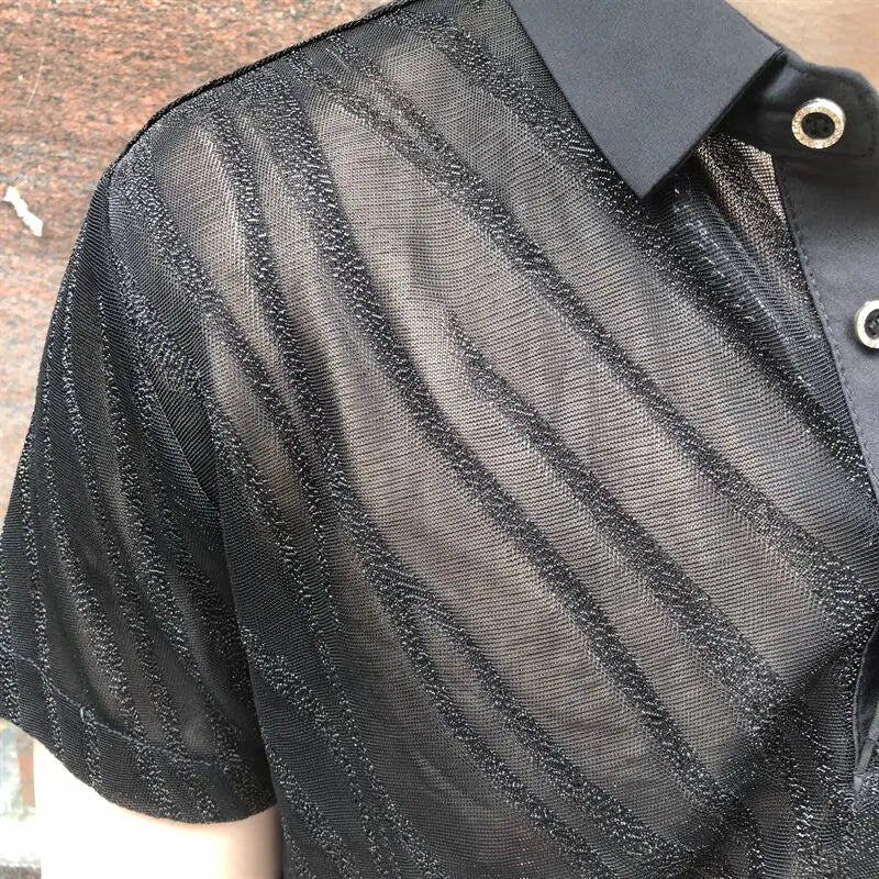 Striped Jacquard Men Transparent Polo Shirt See Through Mesh Boss Polo Club Party Prom Chemise New Sexy Lace Polo Homme For Male