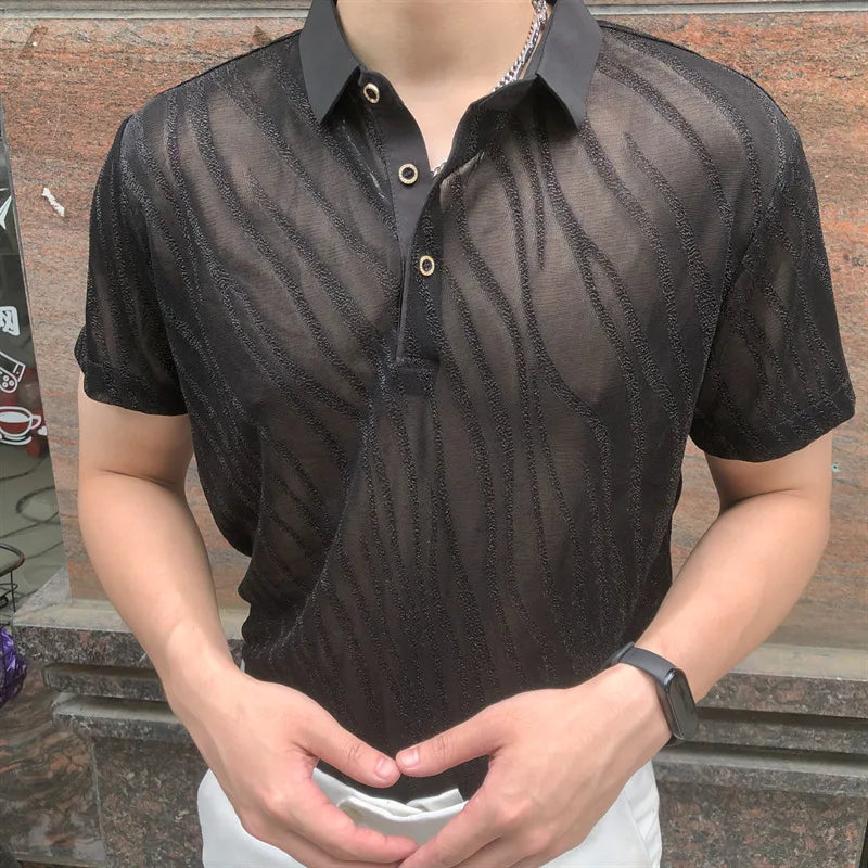 Striped Jacquard Men Transparent Polo Shirt See Through Mesh Boss Polo Club Party Prom Chemise New Sexy Lace Polo Homme For Male