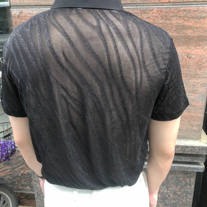 Striped Jacquard Men Transparent Polo Shirt See Through Mesh Boss Polo Club Party Prom Chemise New Sexy Lace Polo Homme For Male