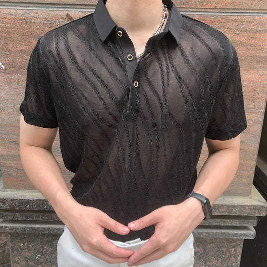 Striped Jacquard Men Transparent Polo Shirt See Through Mesh Boss Polo Club Party Prom Chemise New Sexy Lace Polo Homme For Male